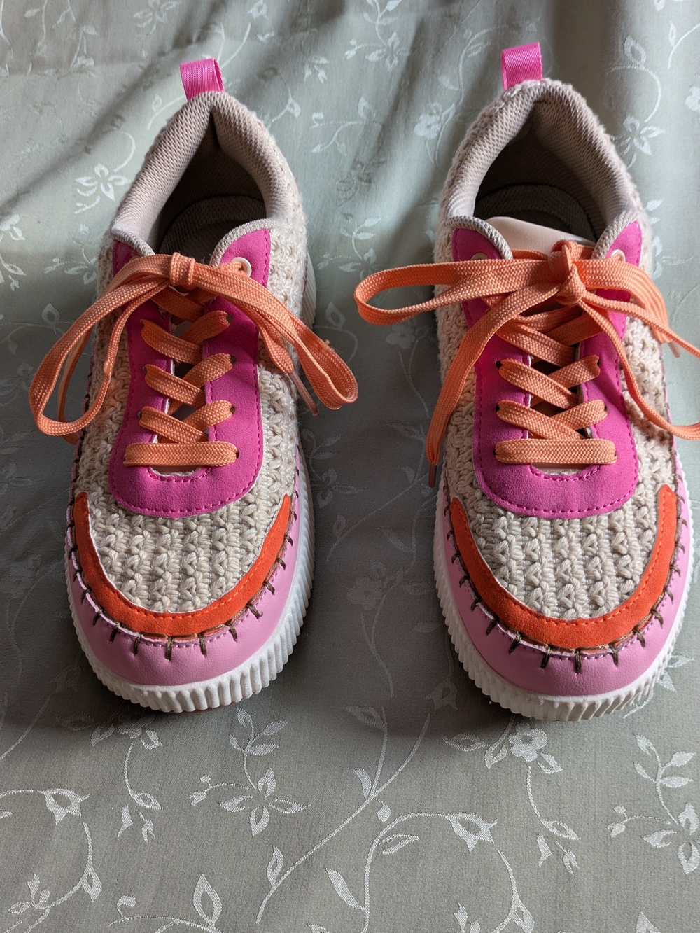 Lucky Step women's pink/orange knit ,faux leather platform sneaker, sz 8